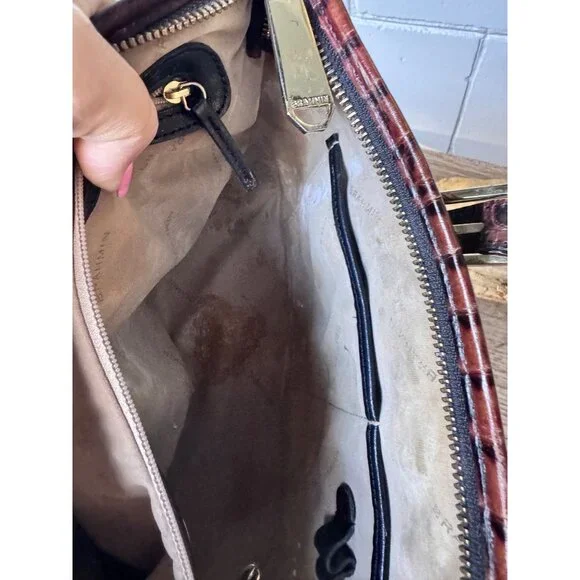 Brahmin Leather Satchel Shoulder Crossbody Bag Black Brown Croc Embossed Zip Top - Picture 7 of 9